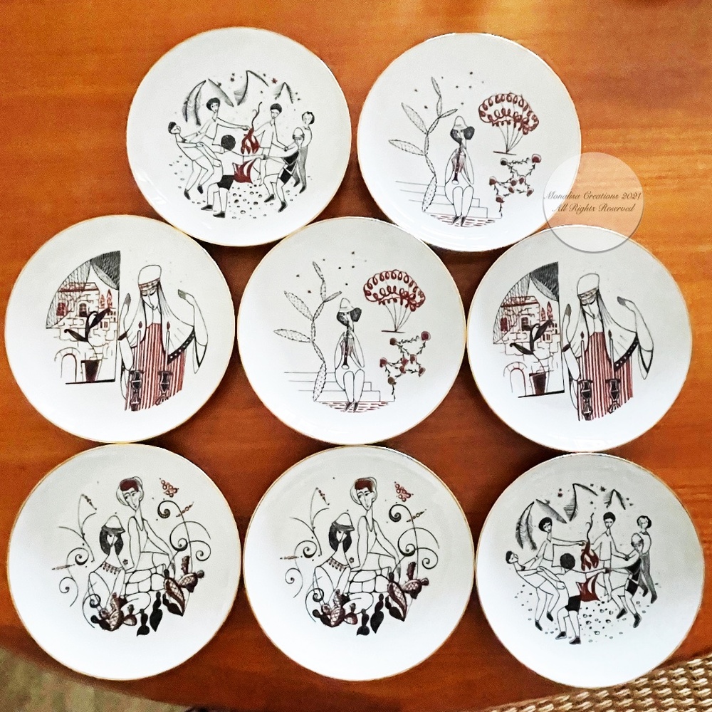 Naaman Israel Porcelain Plates Set of 8 Pieces Vintage Folklore Motif Judaica